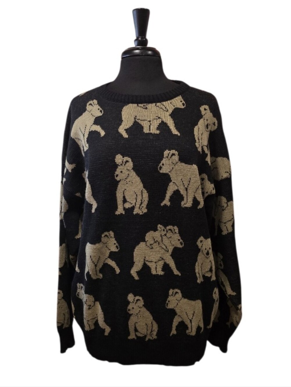 Vintage Koala Bear Wool Sweater Mont Christo XL Black Tan Bear Pattern Crewneck